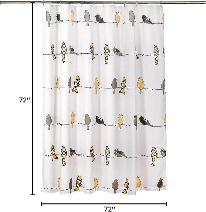 Lush Decor Rowley Birds Shower Curtain, 72” W x 72” L, Yellow & Gray - Colorful Floral Bird Pattern - Whimsical & Playful Bird Shower Curtain - Farmhouse, Coastal, & Boho Bathroom Decor