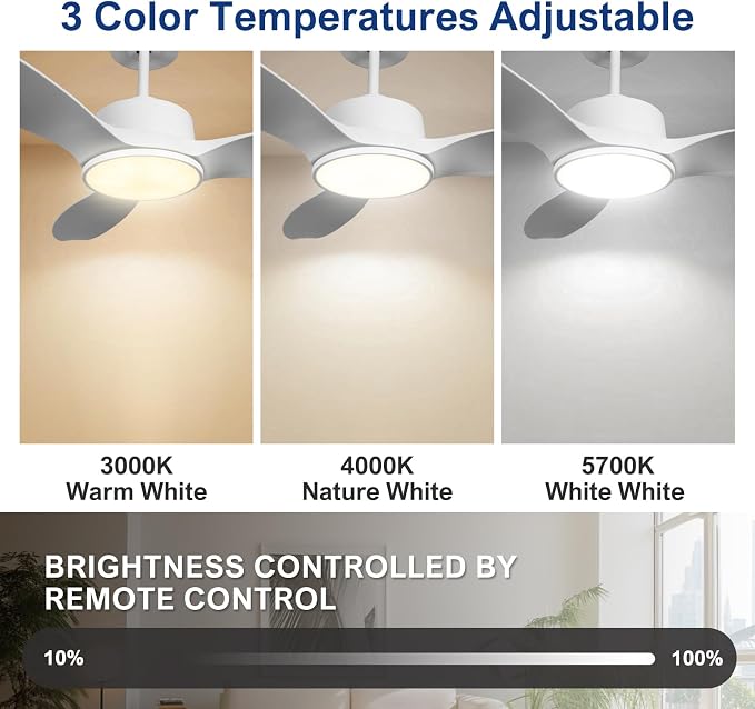 52 Inch Quiet White Ceiling Fan with Lights and Remote, Morden 3 Blades Large Airflow Ceiling Fan, Dimmable LED Light for Bedroom, Living Room