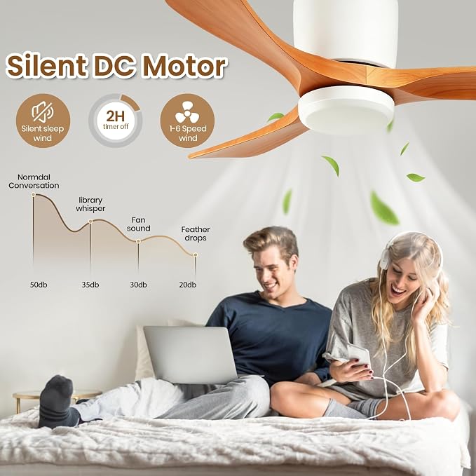 GESUM 42 Inch Wood Ceiling Fan without Light | Flush Mount, Remote Control, 3 Blade 6-Speed Reversible DC Motor, Noiseless Timer, For Bedroom Living Room Patio Porch