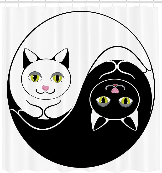 Ambesonne Ying Yang Shower Curtain, Black and White Cuddling Cats in Yin Yang Form Harmony and Balance Kitten, Cloth Fabric Bathroom Decor Set with Hooks, 69" W x 70" L, Black White