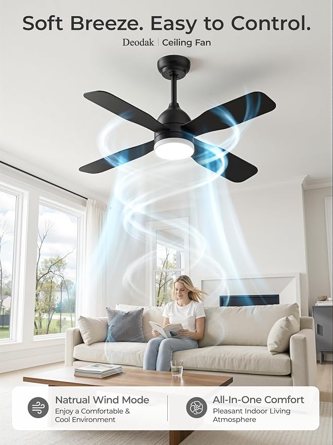 42 Inch Ceiling Fans with Lights: Ceiling Fan with 4 Dual Sided Fan Blades, Remote and App Control, 6 Wind Speed, Reversible DC Motor, 3CCT Dimmable LED, Small Black Ceiling Fan for Bedroom