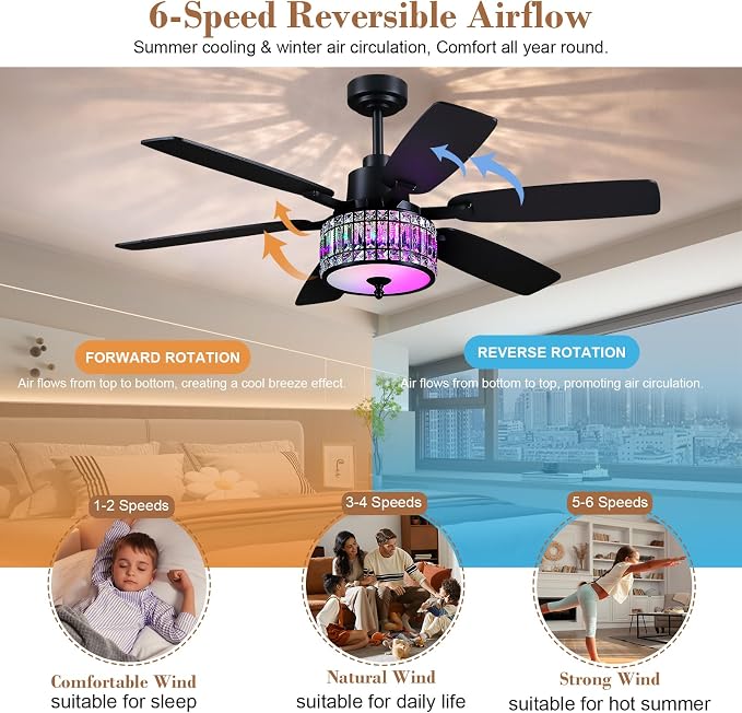 Kviflon 52 Inch Crystal Ceiling Fan with RGB Lights and Remote/APP Control, Black Fandelier Ceiling Fan with Light, Modern Chandelier Ceiling Fan for Bedroom Living Room, Quiet DC Motor, Dimmable LED