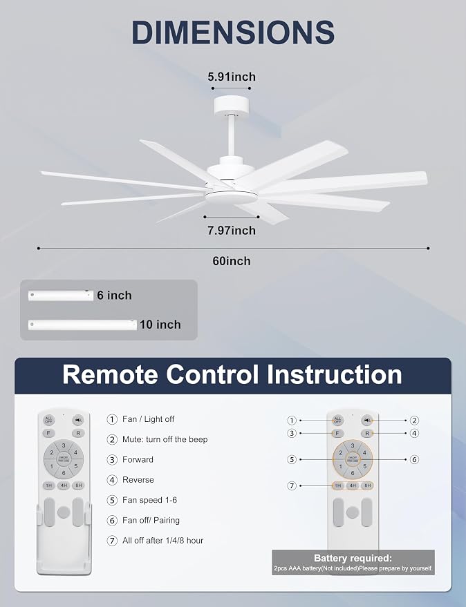 Ohniyou 60" Modern Ceiling Fan With No Light for Patio, Porch, Deck | Remote/App Control, Quiet DC Motor, Covered Outdoor Fan with 8 ABS Blades, , white