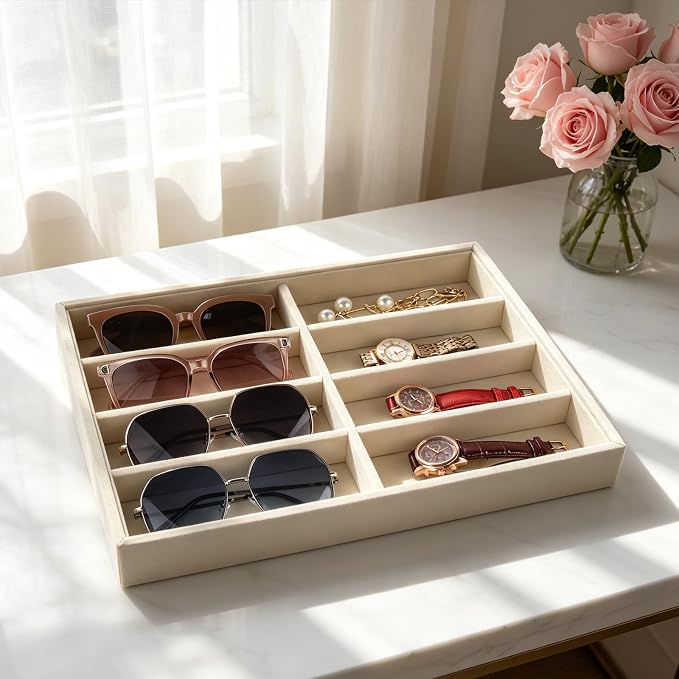 Sunglass Organizer, 8 Grids Beige Velvet Glasses Tray for Eyeglasses Watches Jewelry Display Handmade Craft Storage Box for Home or Shop, Large Capacity 13.8"x9.4" Men Women