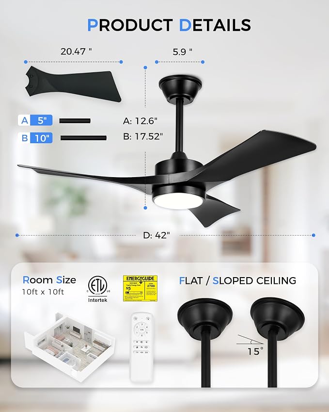 42 Inch Indoor Outdoor Ceiling Fan with Light and Remote, 3CCT Dimmable LED, Modern Black Ceiling Fan, Reversible Motor, Quiet 3-Blade Fan for Bedroom, Covered Patio, ZCCF08BK-42