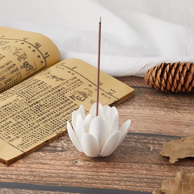 GORGECRAFT Ceramic White Lotus Incense Burner Flower Cone Incense Sticks Holder Handmade Porcelain Petals Style Coil Base Support Stand for Yoga Studio Living Room Home Fragrance Decoration