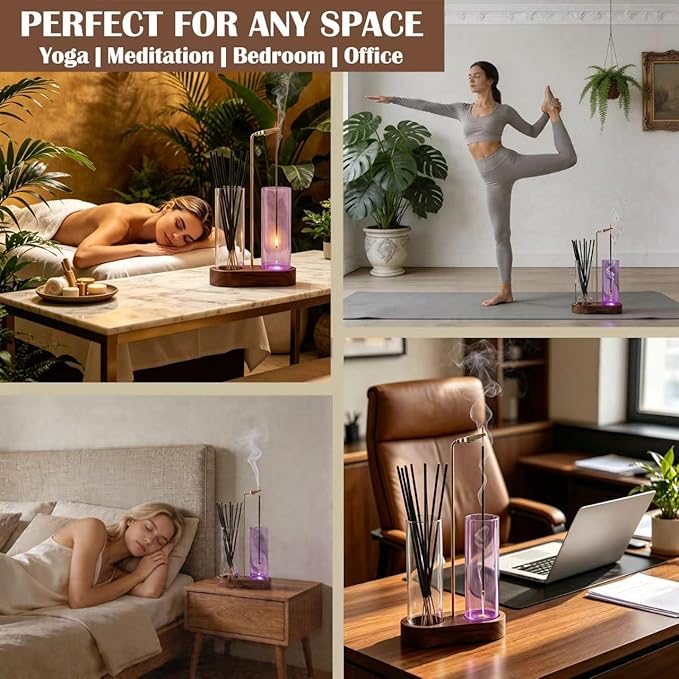Glass Glowing Incense Holder - Modern Double Tube Incense Stick Burner with Ash Catcher - Aesthetic 2-in-1 Fragrance Display for Palo Santo, Sage & Candles - Zen Decor for Yoga & Meditation