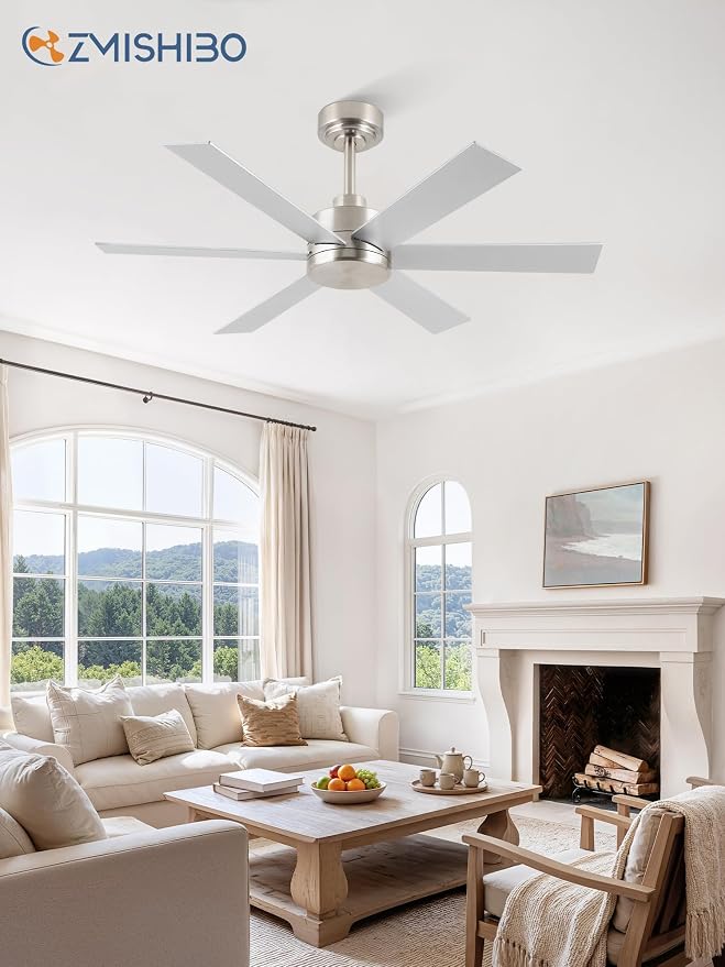 ZMISHIBO 42 Inch Ceiling Fan No Light, Brushed Nickel Ceiling Fan Wthout Light, 6 Blades, Quiet Reversible DC Motor, 6-Speeds, Modern Ceiling Fans for Living Room, Bedroom, Workshop, Indoor/Outdoor