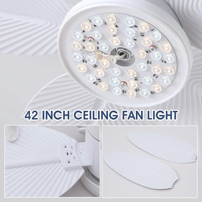 Surtime Palm Leaf Ceiling Fans with Lights-42 Tropical Ceiling Fan with Light and Remote/APP Control,Flush Mount Low Profile White Ceiling Fans for Bedroom,Indoor/Outdoor Patio Use