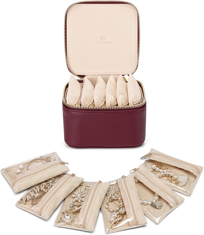 VLANDO Jewelry Travel Case,Travel Jewelry Organizer with Clear Velvet Jewelry Bags 6Pcs Zipper Pouch for Women-Red