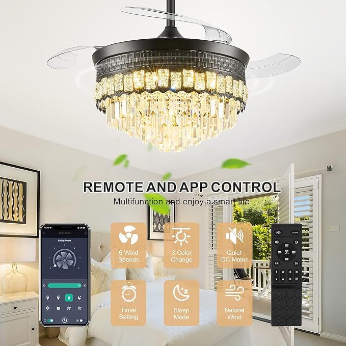 42" Fandelier Ceiling Fan with Lights,Crystal Retractable Ceiling Fan with Light,Chandelier Fans for Bedroom,Living Room,Reverse Motor,6 Speeds,3 Color Temperatures,Remote & APP Control-Black