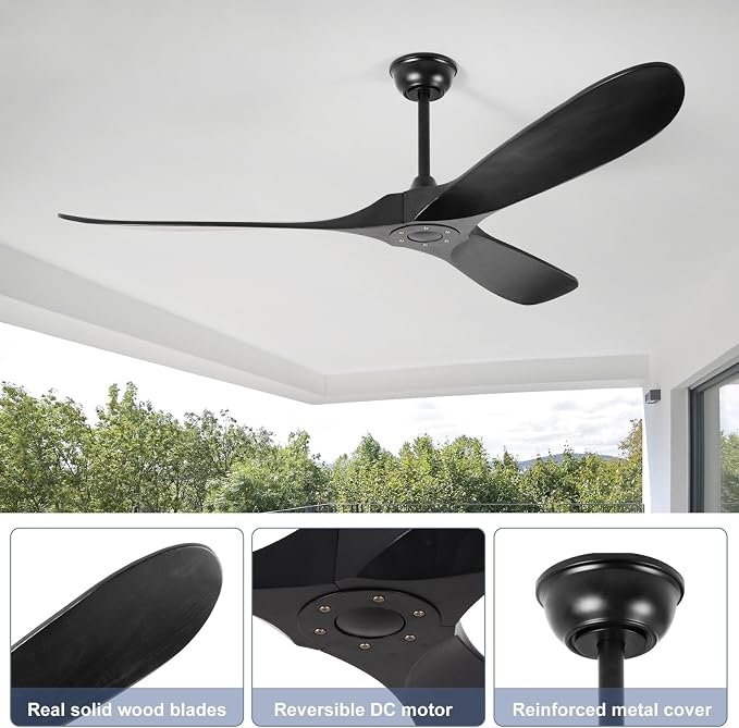 52'' Solid Wood Ceiling Fan without Light,Modern Black Ceiling Fans with Remote Control,Quiet and Reversible DC Motor,Outdoor Ceiling Fan for Garage,Porch,Living Room,Bedroom