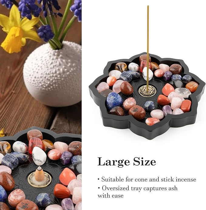 Mooncraftlogy Lotus Crystal Tray, Wooden Incense Burner for Stick/Cone, Gemstone Display Holder, Organizer for Rocks, Essential Oil, and Jewelry