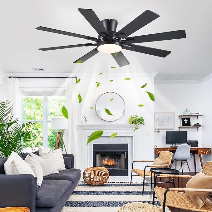 Mpayel Ceiling Fans with Lights, 52 Inch Low Profile Flush Mount Ceiling Fan, Modern Black Ceiling Fan with Light for Bedroom Living Room, Remote/APP Control, Quiet DC Motor, Dimmable, 8 Wood Blades