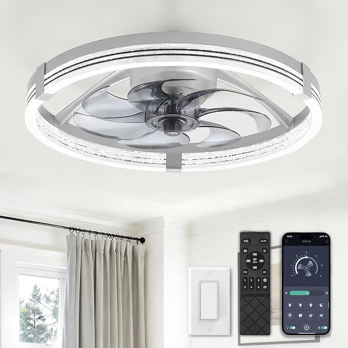 ZMISHIBO Low Profile Ceiling Fans with Lights, Flush Mount Modern Ceiling Fan and Remote Control, 20" LED Ceiling Fans, Stepless Dimmable 3 Colors and 6 Speeds (Grey, 20")