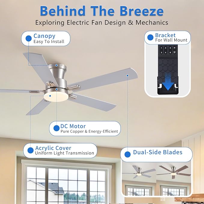 NKPU 52Inch Flush Mount Ceiling Fans with Lights and Remote Control/APP Control, DC Reversible Motor, Noiseless, Dimmable, Low Profile Nickel Ceiling Fan for Bedroom Indoor/Outdoor Use