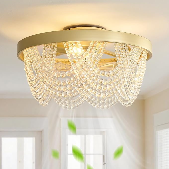 Crystal Caged Ceiling Fans with Lights Flush Mount, 20 inch Crystal Fandelier Ceiling Fan with Light and Remote, Chandelier Modern with Lights for Bedroom, Dining Room, Living Room