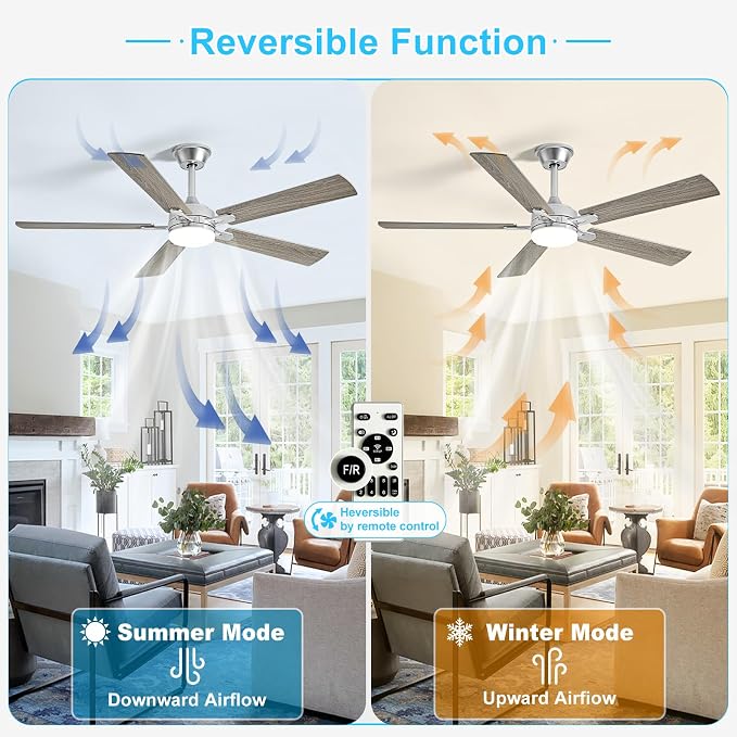Depuley 52-inch Ceiling Fan with Light: Nickel Ceiling Fan for Living Room Indoor Outdoor - Modern Ceiling Fan with Remote Control 3CCT Dimmable Noiseless 5 Reversible Silver Blades 6 Speeds Timer