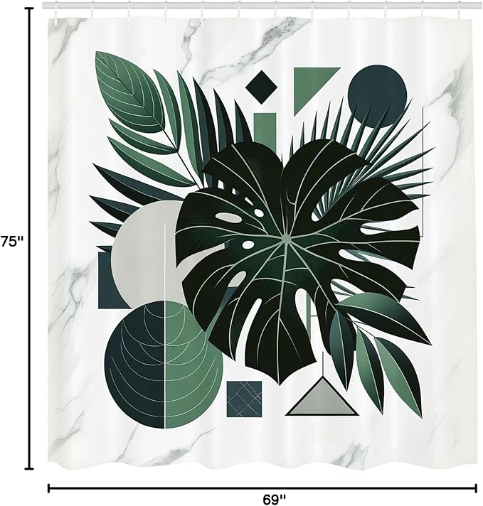 Ambesonne Dark Green Shower Curtain, Geometric Shapes with Tropical Leaf Monstera and Palms Marble Print, Cloth Fabric Bathroom Decor Set with Hooks, 69" W x 75" L, Forest Green Pale Grey