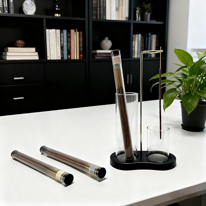 Glass Incense Holder, Incense Sticks Burner Holder with Storage,Hang Upside Down Incense Holder for Sticks with Glass Ash Catcher for Meditation Yoga Spa Room Decor (Black Color)