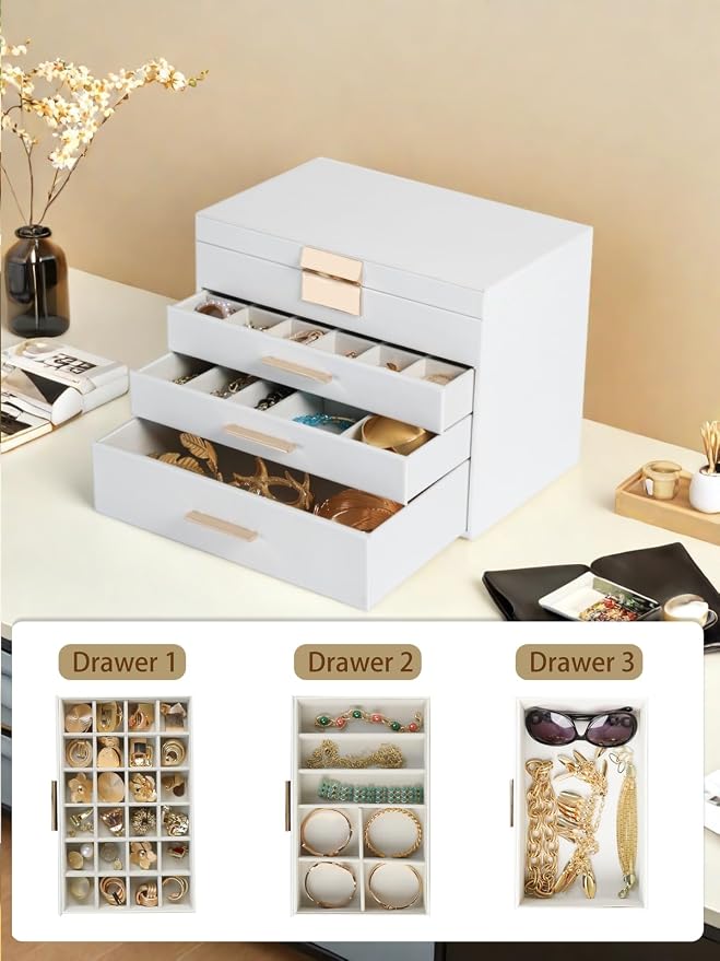 BOOVO Jewelry Boxes for Women, White and Black 6 Layer Large Jewelry Box for Necklace, Bracelet, Earrings, Rings Storage, Jewelry holder Organizer for Girls Gift (White, 5 Layer)