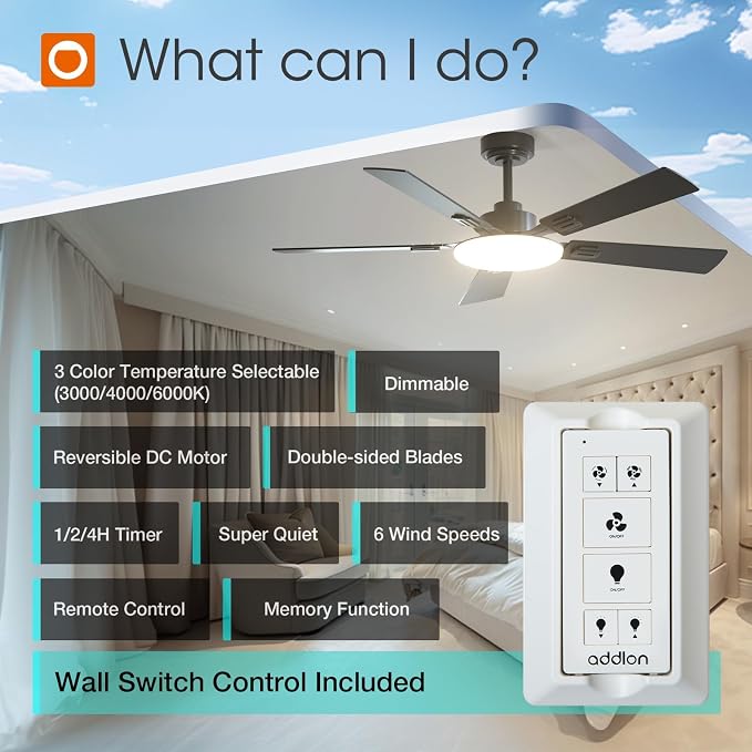 addlon Ceiling Fans with Lights, 52 inch Black Ceiling Fan with Remote Control, Wall Switch, Reversible, 3CCT Dimmable, Noiseless, Ceiling Fan for Bedroom, Living Room, Indoor/Outdoor Use