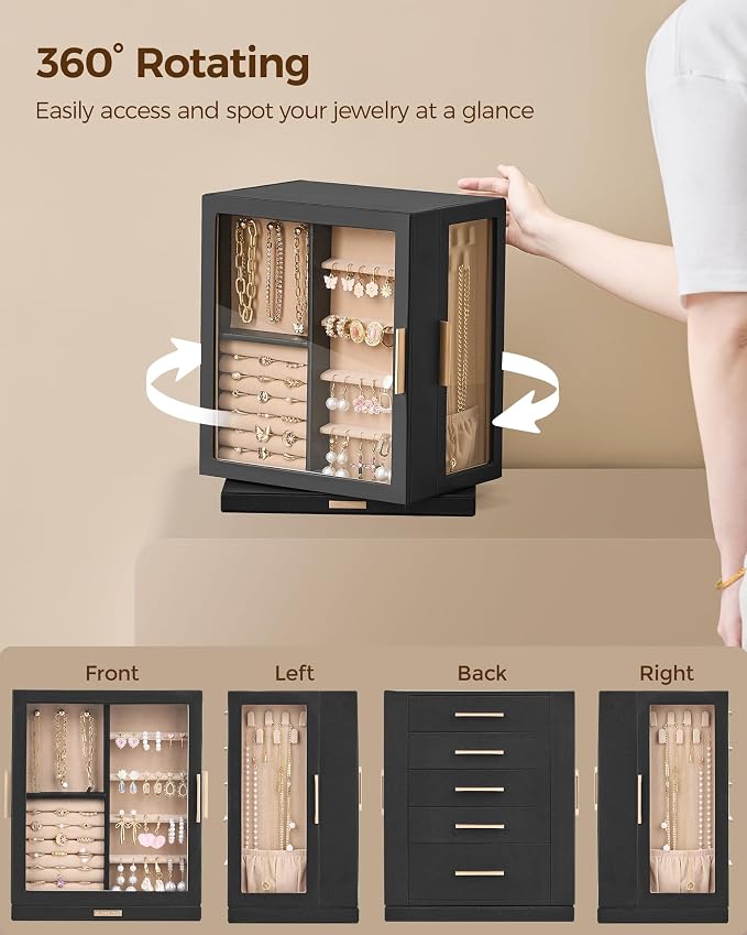Glimmloop 360° Rotating Jewelry Box with 5 Drawers, Spacious Vertical Jewelry Organizer with Glass Window, Jewelry Storage Case, Dustproof & Moisture-resistant Design, Black