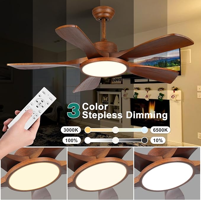 52 Inch Wood Ceiling Fan with Lights and Remote Control 5 Solid Wooden Blades Modern Farmhouse Outdoor Ceiling Fan for Patios Living Room FCC Reversible DC Motor