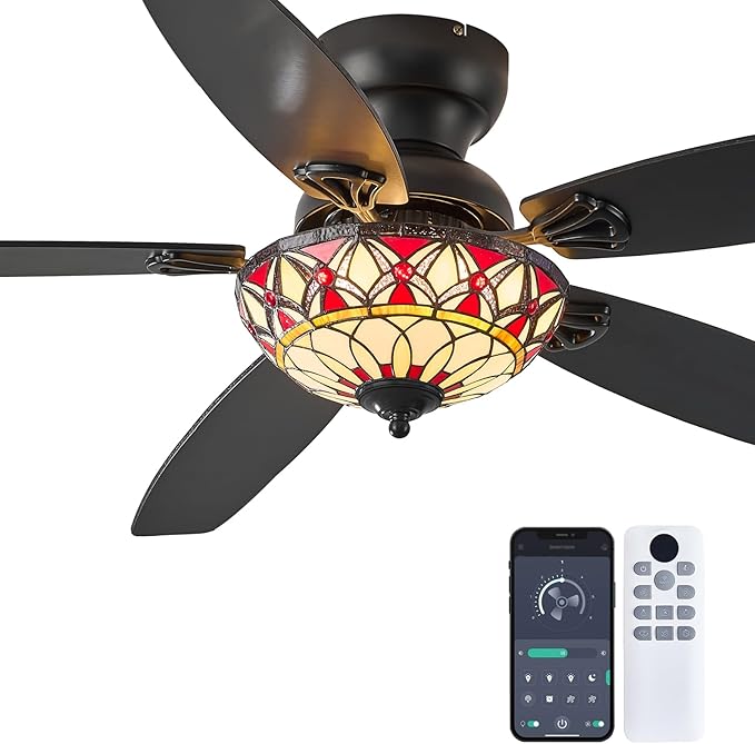 Tiffany Ceiling Fans with Lights - 52" Ceiling Fan Chandelier with 5 Dual-Blades and Glass Shade, 6 Speeds and Reversible, Indoor and Outdoor, Retro Style