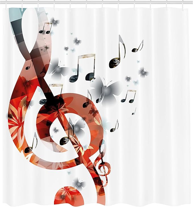 Ambesonne Music Shower Curtain, G-Clef Key Instrument Creative Rhythmic Ornate Motifs Digital Design Print, Cloth Fabric Bathroom Decor Set with Hooks, 69" W x 70" L, Pale Rust