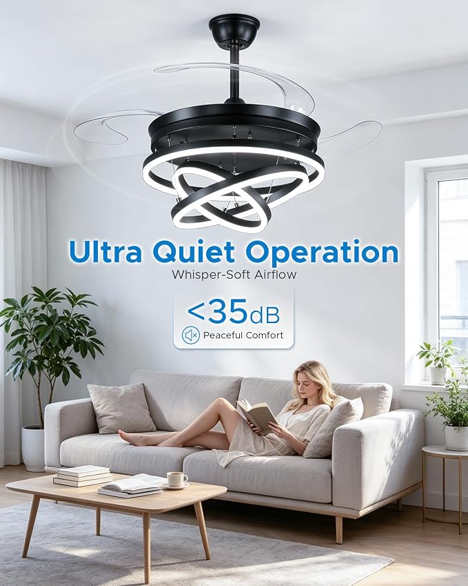 Retractable Ceiling Fans with Lights, 48" Fandelier Ceiling Fan with Light and Remote, Reversible, 3 CCT, Dimmable, Modern Chandelier Ceiling Fan for Bedroom, Living Room, Dining Room (Black)