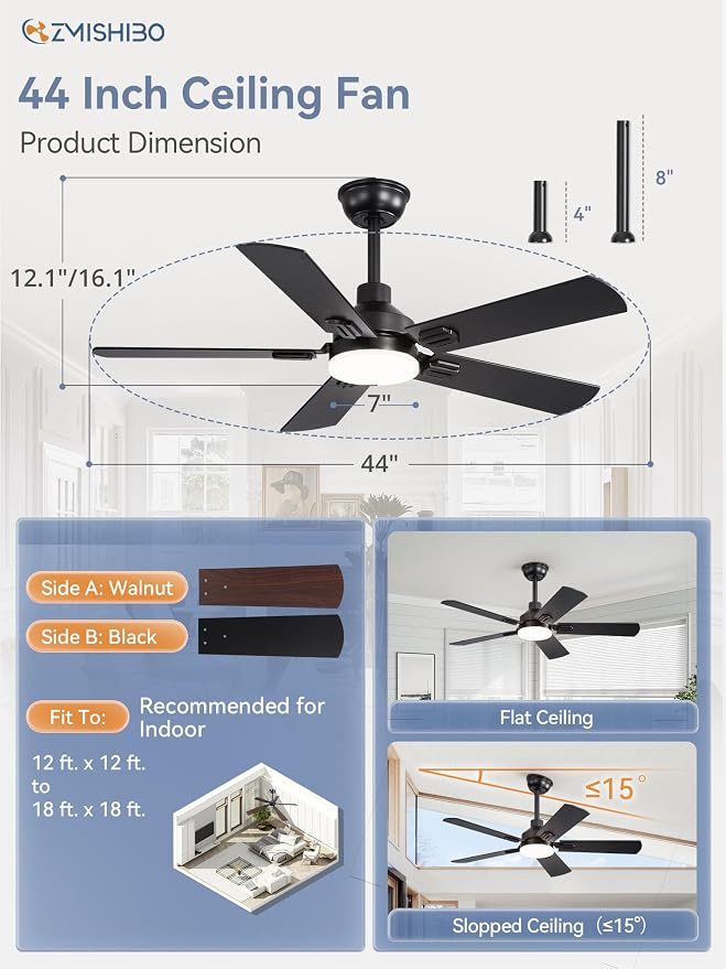ZMISHIBO 2 Pack 44" Ceiling Fans with Lights, Black Modern Ceiling Fan with Remote, Farmhouse Indoor Ceiling Fan with Dual Finish Blades, Quiet & Strong Motor, Bright LED Light.