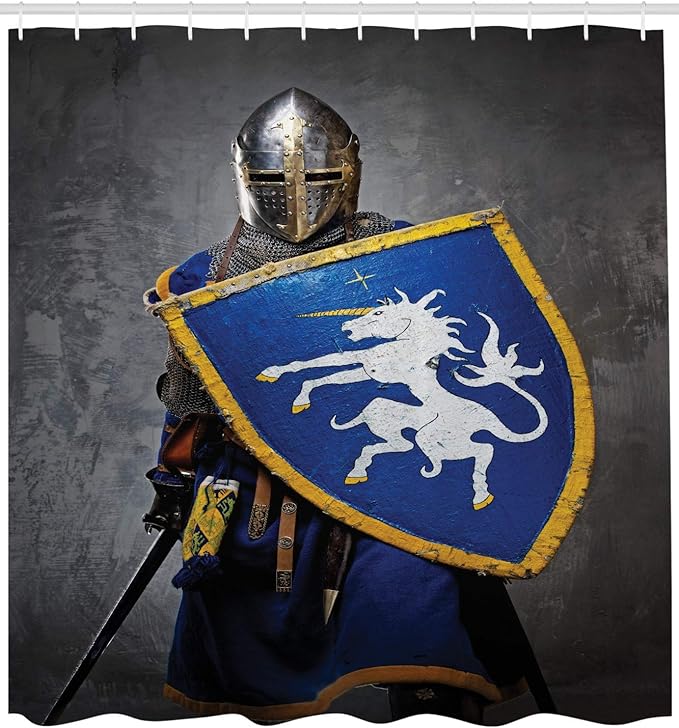Ambesonne Medieval Shower Curtain, Medieval Knight Holding an Aged Old Shield Historical Theme Digital Print, Cloth Fabric Bathroom Decor Set with Hooks, 69" W x 70" L, Blue Grey