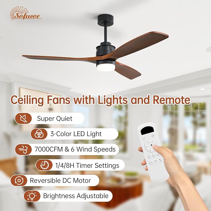 Sofucor 60 Inch Ceiling Fan with Light and Remote - 3 Solid Wood Blades, Quiet DC Motor, 6 Speeds 7000CFM, Dimmable 3-Color LED with Memory, Timer & Reversible for Living Room, ETL, Walnut Wood