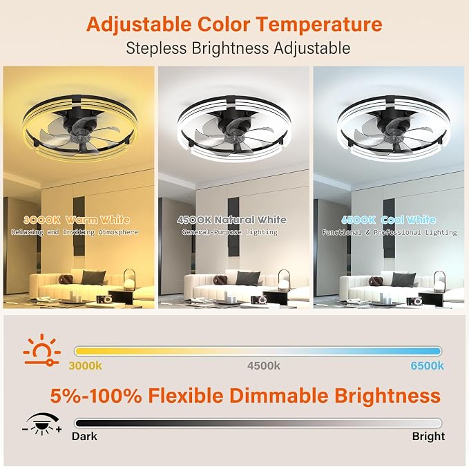 Ceiling Fans with Lights and Remote, 20'' Low Profile Ceiling Fan with APP Control, 3000K-6500K Dimmable, Quiet Reversible DC, Modern Flush Mount Fandelier for Bedroom (Black-Stripe)