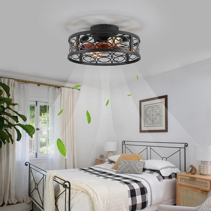 20" Caged Ceiling Fan with Light and Remote，Bladeless Ceiling Fan 6 Speed Reversible with 4 Bulbs and Remote Control.Low Profile Ceiling Fans with Lights for Bedroom, Dining Room
