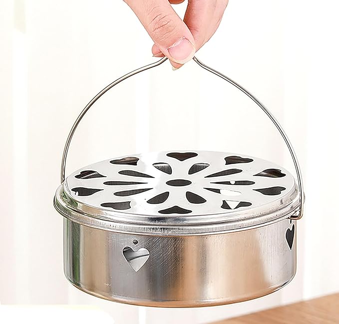 Mosquito Coil Holder with Handle and Cover, 5.5 Inch x 2.1 Inch Stainless Steel Mosquito Incense Box with Dust Leakage (1)