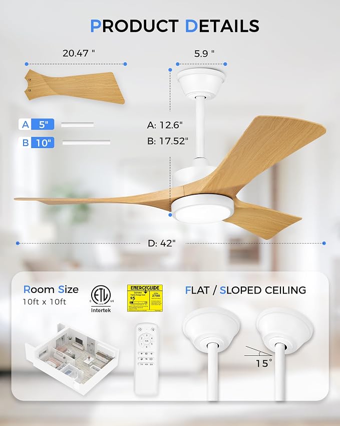 42'' Coastal Grade White Ceiling Fan with Light and Remote, Corrosion Resistant Indoor Outdoor Fan, Quiet Reversible Motor, 3CCT Dimmable LED, ABS Blade Fan for Bedroom, Patio, ZCCF08WY-42