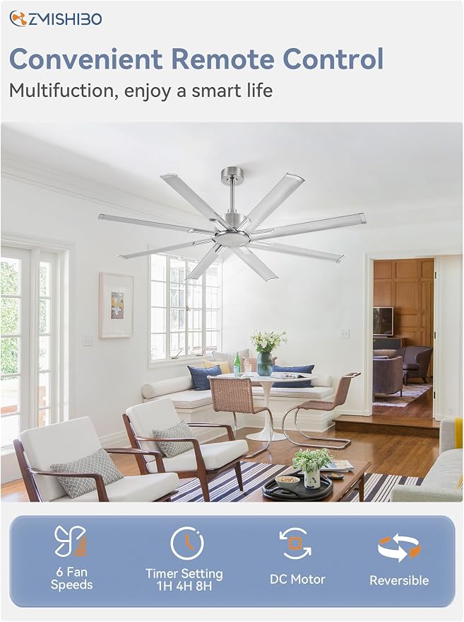 ZMISHIBO 65 Inch No Light, Large Industrial Ceiling Fan with 8 Aluminium Blades, Quiet DC Motor, 6 Speeds, Modern Ceiling Fan without Light for Garage/shop/living room,Nickel