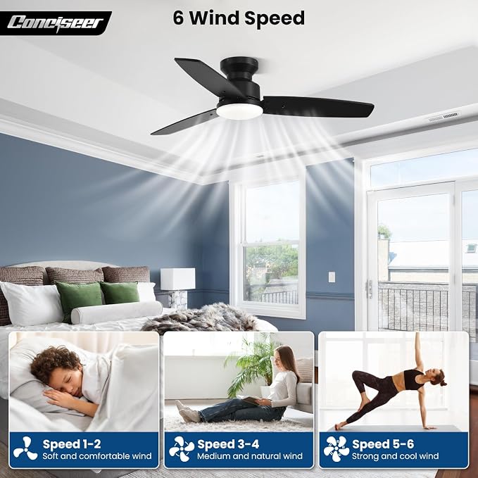 Conciseer 42 Inch Ceiling Fans with Lights and Remote, Bedroom Living Room Office, Flush Mount, 6CCT Dimmable, Dual Color 3 Blades, 6 Speed Reversible Quiet DC Motor, Black/Wood Grain, 2 Pack