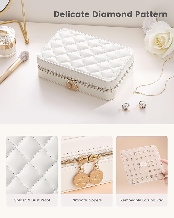 Lolalet Travel Jewelry Case for Women Girls, PU Leather Jewelry Organizer with Clear Storage Bag Small Portable Jewelry Box for Necklace Bracelet Earring Ring Birthday Bridesmaid Gifts -Large/Beige