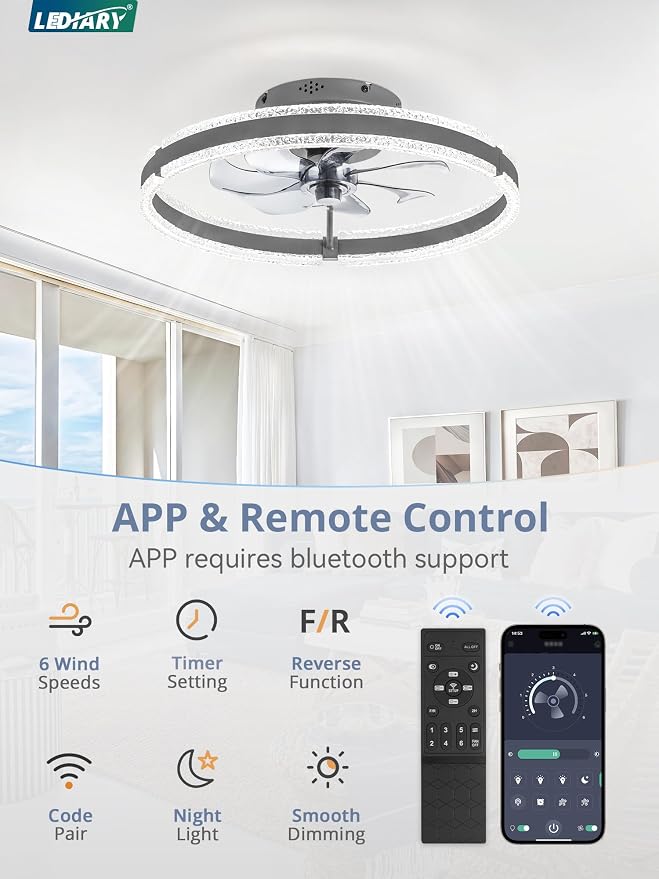 LEDIARY Ceiling Fans with Lights and Remote, 20'' Low Profile Ceiling Fan with Light, 3000-6000K Dimmable Fandelier Ceiling Fans, Modern Flush Mount Fan Light for Bedroom with 6 Wind Speeds-Sandy Gray