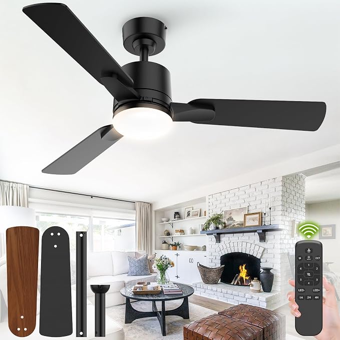 42 Inch Ceiling Fans with Lights, Low Profile Ceiling Fan with Light and Remote Control,10 Min Quick Installation,Reversible,3CCT Dimmable,Quiet,Black Small Ceiling Fan for Bedroom Indoor/Outdoor