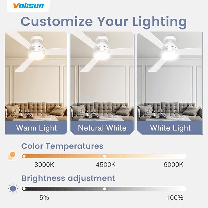 VOLISUN Ceiling Fans with Lights Flush Mount, 42 inch Low Profile Ceiling Fan with Light and Remote, Queit & Reversible Motor,3CCT, Dimmable, White Modern Ceilings Fans for Bedroom, Living Room