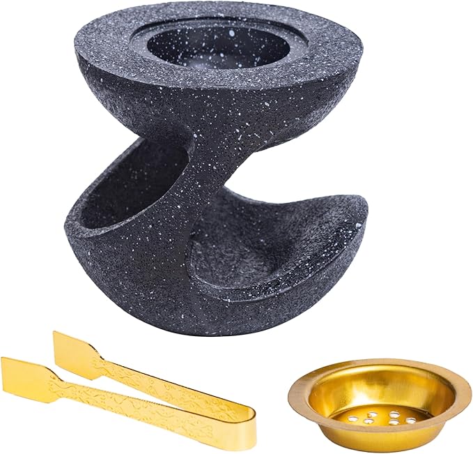 Bakhoor Burner Frankincense Resin Incense Burner for Charcoal with Tong, for Yoga Spa Aromatherapy Meditation, Home Office Decor (Black)