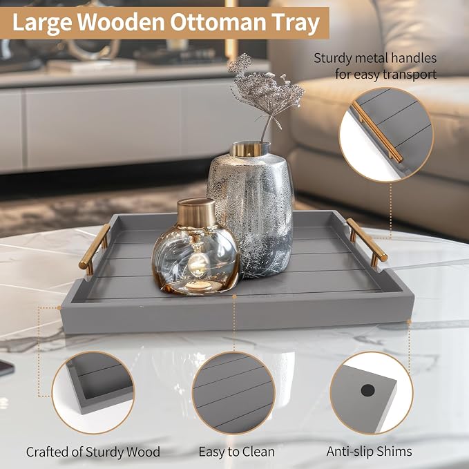 SXNOWS Wooden Serving Tray with 2 Sets of Handles,Gray | 16.5x13 Inch Large Ottoman Tray for Living Room Coffee Table Breakfast in Bed BBQ Party, 4 Round Coasters Included