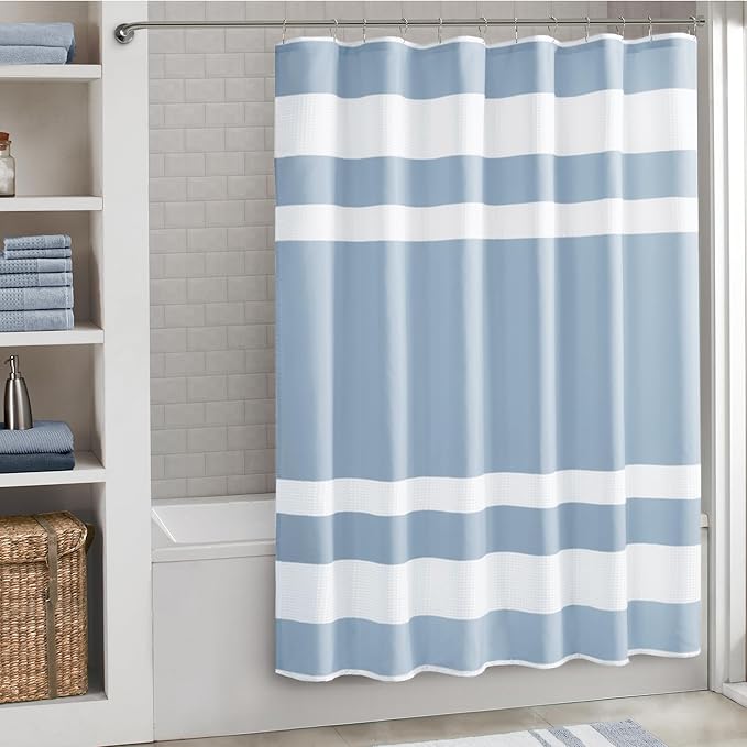 Madison Park Shower Curtain Spa Waffle Weave Long Shower Curtain for Bathroom 3M Scotchgard Moisture Management, Spa Quality Modern Shower Curtains for Bathroom, Long 72x78 Blue
