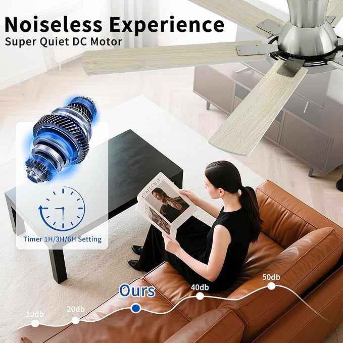 60 Inch Nickel Ceiling Fans with Lights and Remote, Flush Mount Low Profile 6 Blades Ceiling Fan, Quiet Reversible DC Motor for Living Room, Bedroom and Patio