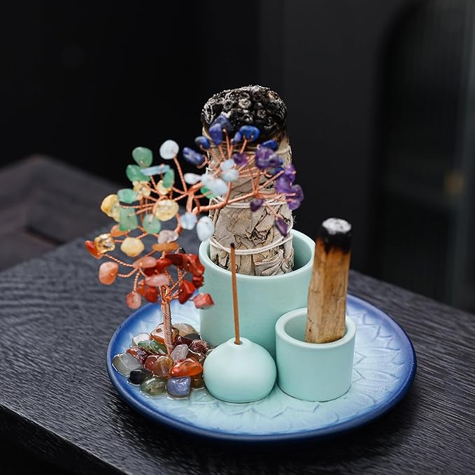 5 in 1 Incense Burner Holder with Crystal Tree for Burning Palo Santo Stick, Sage, Incense Sticks, Candle, Ceramic Tray Ash Catcher, Meditation Gift (Sky-Blue)