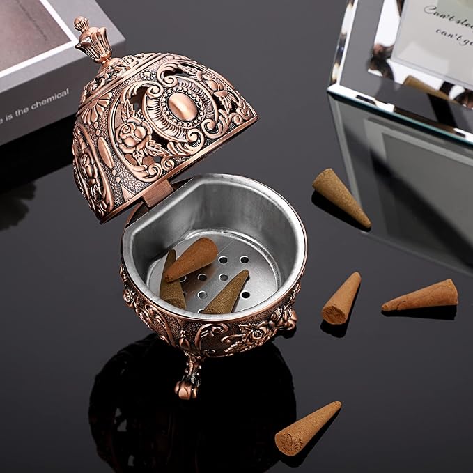 JUXYES Vintage Incense Burner Holder with Removable Ash Catchers, Metal Censer Antique Cone Coil Incense Burner Holder Zinc Alloy Spiritual Aromatherapy Yoga Meditation Gifts Retro Home Decoration